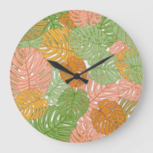 Tropische Monstera-Blätter, farbenfrohe, nahtlose Große Wanduhr