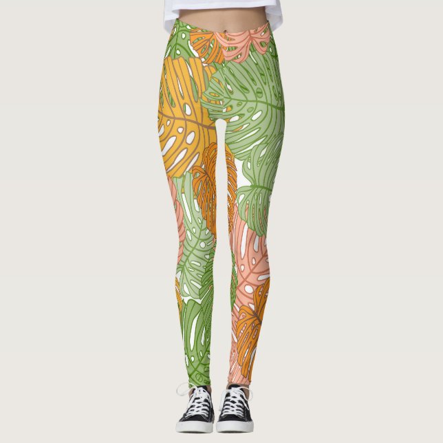 Tropische Monstera-Blätter, farbenfrohe, nahtlose  Leggings (Vorderseite)