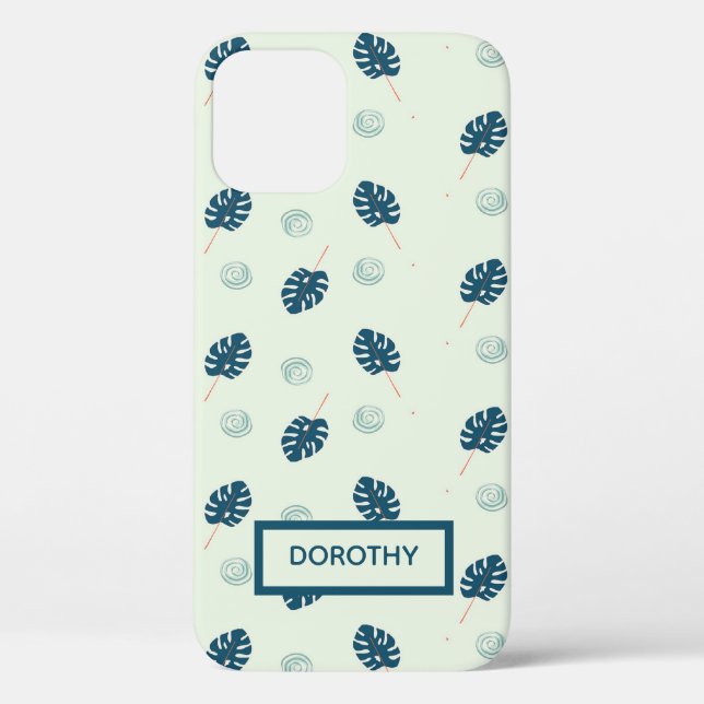 Tropische Monstera-Blätter Monogramm auf blau Case-Mate iPhone Hülle (Rückseite)