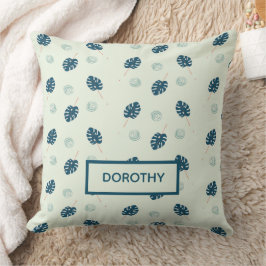 Tropische Monstera-Blätter Monogramm auf blau Kissen