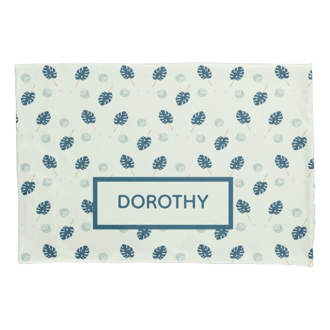 Tropische Monstera-Blätter Monogramm auf blau Kissenbezug (Vorderseite)