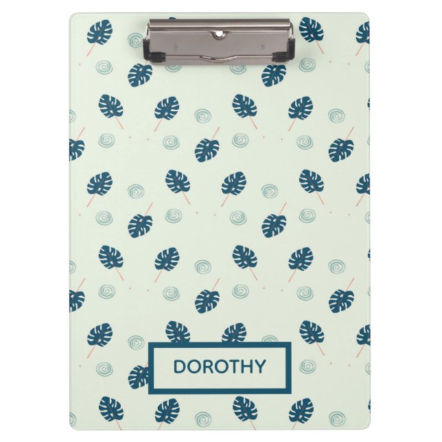 Tropische Monstera-Blätter Monogramm auf blau Klemmbrett (Vorderseite)