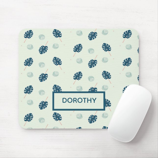 Tropische Monstera-Blätter Monogramm auf blau Mousepad (Mit Mouse)
