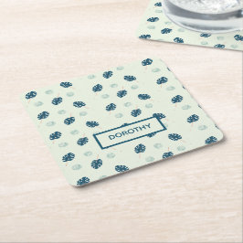 Tropische Monstera-Blätter Monogramm auf blau Rechteckiger Pappuntersetzer