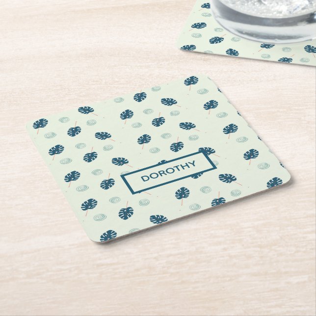 Tropische Monstera-Blätter Monogramm auf blau Rechteckiger Pappuntersetzer (angewinkelt)