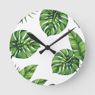 Tropische Monstera-Blätter Nahtloses Muster Grün Runde Wanduhr