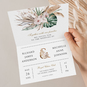 Tropische Monstera Boho Pampas QR Code Hochzeit Einladung