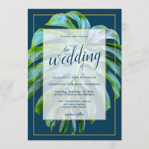 Tropische Monstera Leaf Dark Blue Gold Hochzeit Einladung