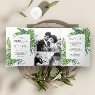 Tropische Monstera Palm Foto Collage Hochzeit Dreifach Gefaltete Einladung