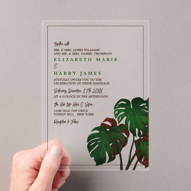 Tropische Monstera-Strandhochzeit Acryleinladungen (Insitu (Handheld))
