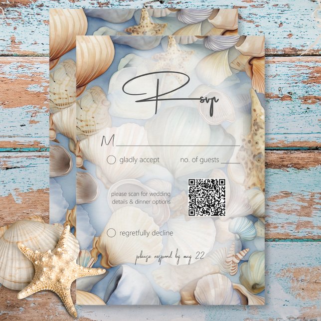 Tropische Muscheln Szene Moderne Hochzeitsstiftung RSVP Karte (Tropical Seashells Scene Modern Wedding QR Code RSVP Card)