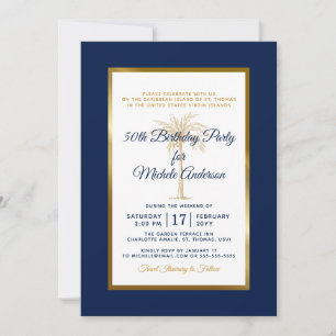 Tropische Navy-Blau-Gold-Palmen-Geburtstagsfeier Einladung