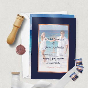 Tropische Navy-Roségold-Palmbaum-Strandhochzeit
