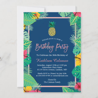 Tropische Navyblaue Goldene Ananas Geburtstagsfeie Einladung