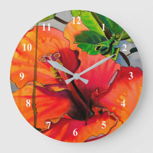 Tropische Neon Hibiskus Blume Große Wanduhr