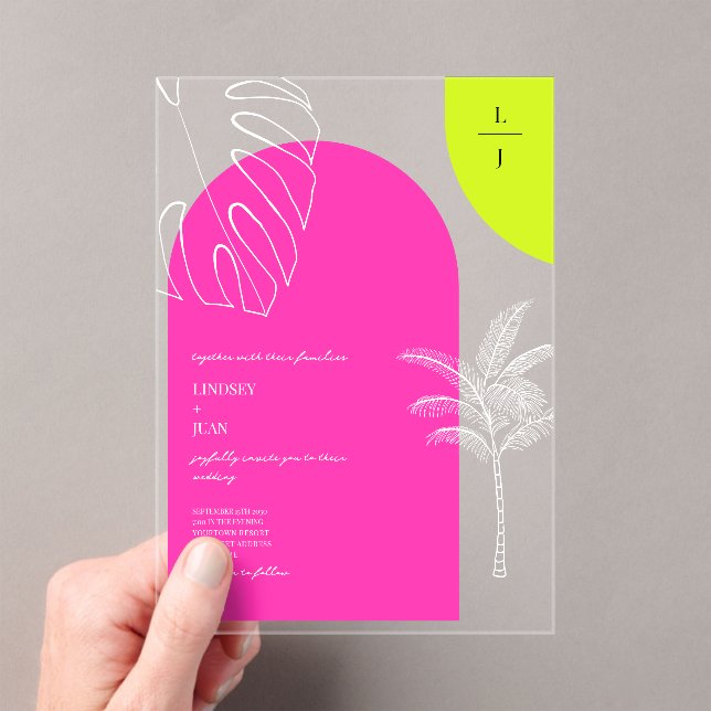 Tropische Neon Monogram Arches Wedding Acryleinladungen (Insitu (Handheld))