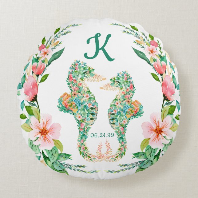 Tropische New-lywed Monogram Floral Seepferd Rundes Kissen (Vorderseite)