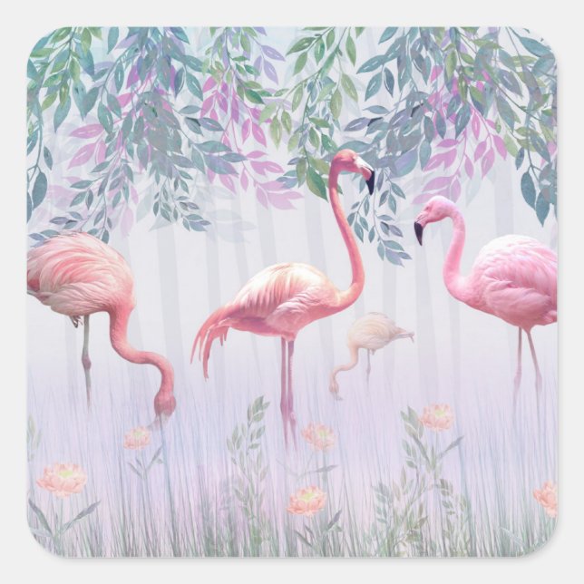 Tropische Niedliche Familie rosa Flamingos Quadratischer Aufkleber (Vorderseite)