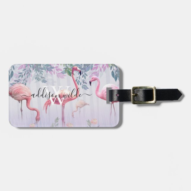 Tropische Niedliche Familie rosa Flamingos Wasserf Gepäckanhänger (Vorderseite horizontal)