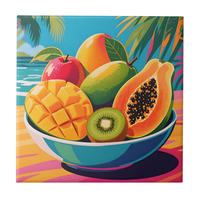 Tropische Obstschale Illustration Fliese (Vorderseite)