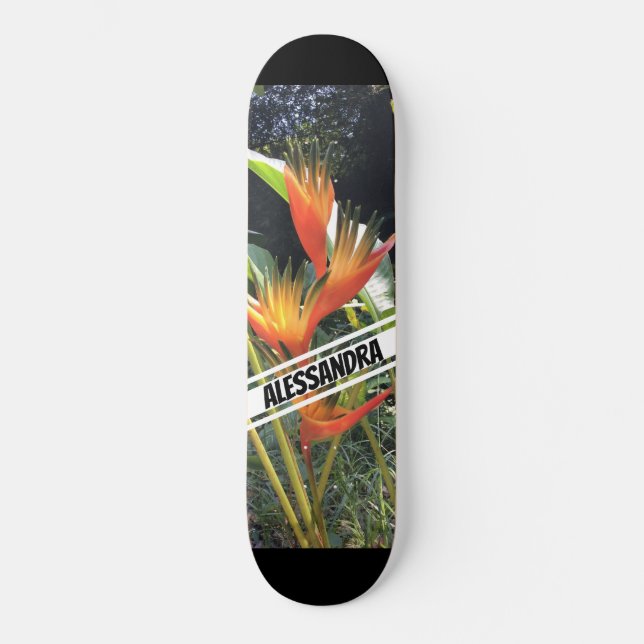 Tropische Orangefarbene Blume Skateboard (Vorderseite)