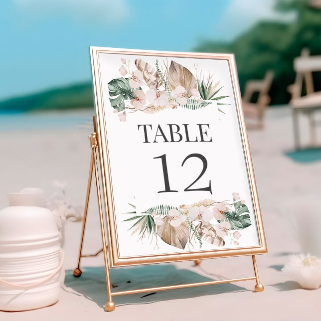 Tropische Orchid-Hochzeitkarte Tischnummer (Tropical Orchid Wedding Table Number Card on a sunny beach)