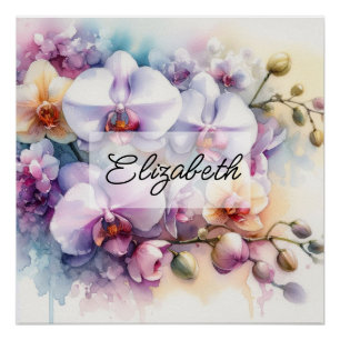Tropische Orchideen-Blume mit floraler Wasserfarbe Poster