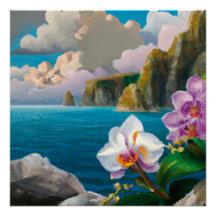 Tropische Orchideen, Ozean, Klippen und Wolken