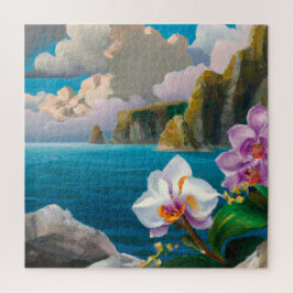 Tropische Orchideen, Ozean, Klippen und Wolken Puzzle