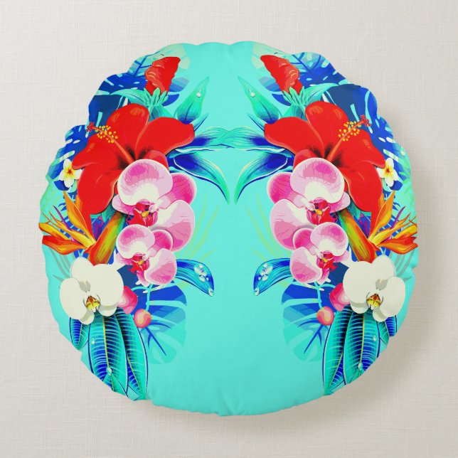 Tropische Orchideenpalme Monstera aquamarin blau Rundes Kissen (Vorderseite)