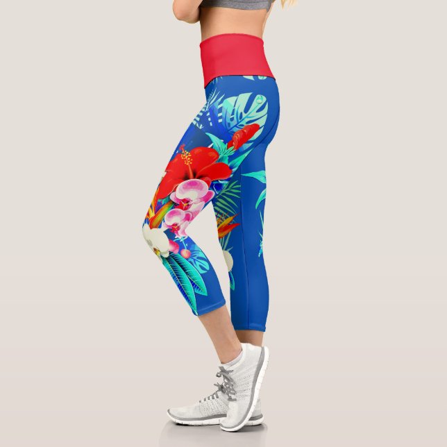 Tropische Orchideenpalmen Blätter Hawaiianisch-Blü Capri Leggings (Links)