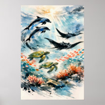 Tropische Ozean-Wildlife-Aquarell-Kunst