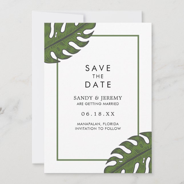 Tropische Palm-Blätter außer Foto Hochzeit Save The Date (Vorderseite)