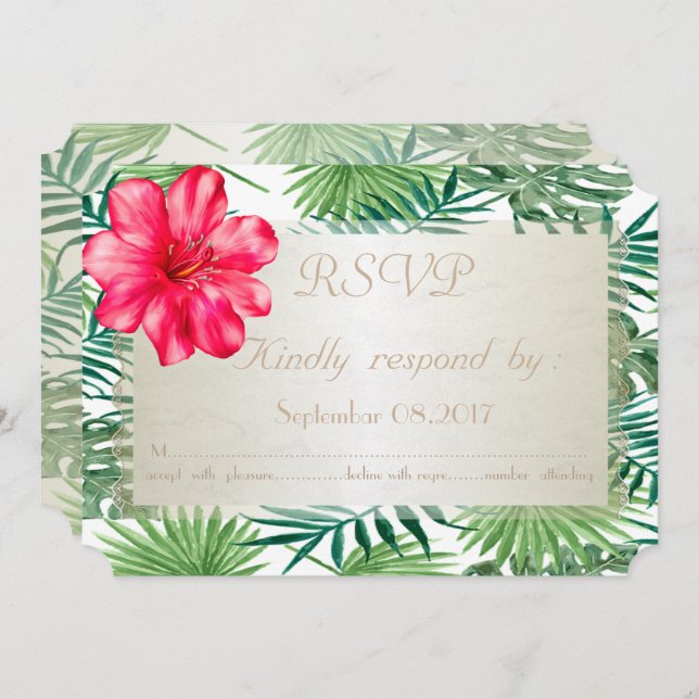 Tropische Palm-Blätter, Hibiskus Wedding RSVP-Kart Einladung (Vorne/Hinten)