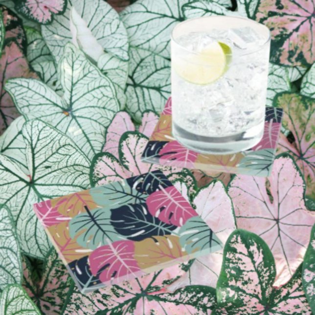 Tropische Palm-Blätter in Rosa und Blau | Glasuntersetzer (Von Creator hochgeladen)