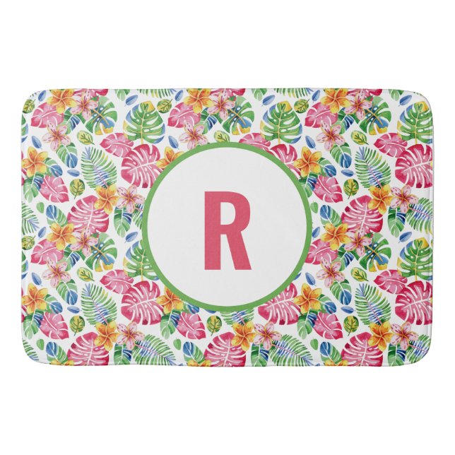 Tropische Palm-Blätter Monogramm rosa grün Badematte (Vorderseite)