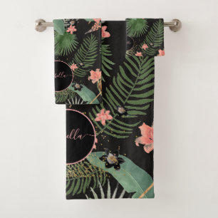 Tropische Palm-Blätter Rosa Floral Monogramm Schwa Badhandtuch Set