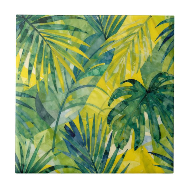 Tropische Palm Monstera Dschungelblätter Fliese (Vorderseite)