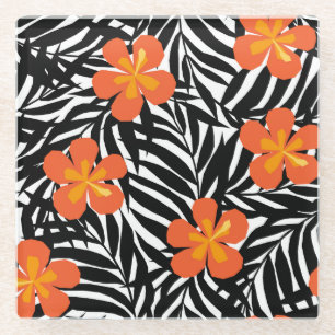 Tropische Palmblätter im Vintage-Appliqué-Stil. Glasuntersetzer