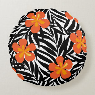 Tropische Palmblätter im Vintage-Appliqué-Stil. Rundes Kissen