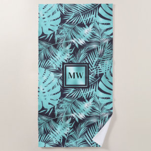 Tropische Palmblätteraqua navin blauer Monogramm I Strandtuch
