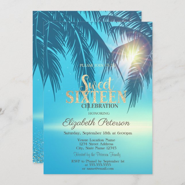 Tropische Palme Blätter Süß 16 Einladung (Vorne/Hinten)