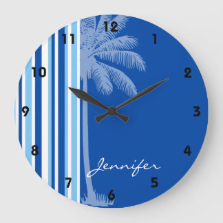 Tropische Palme; Blaue u. weiße Streifen Große Wanduhr