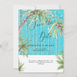 Tropische Palme & Lichter Türkis Holz Save The Date