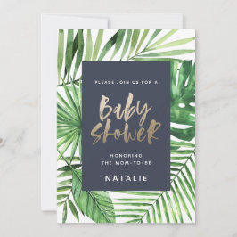 Tropische Palme und goldene Drehbuch-Babydusche la Save The Date