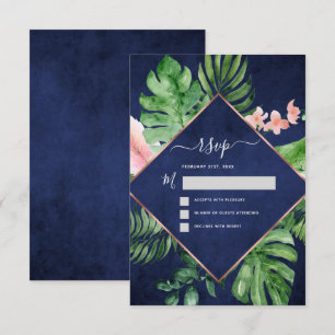 Tropische Palme Wasserfarbe Navy Blau Hochzeit RSV Einladung