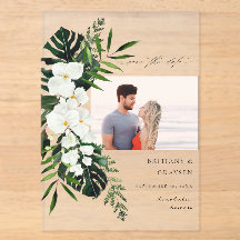 Tropische Palme & Weiße Florale Save-the-Date-Foto
