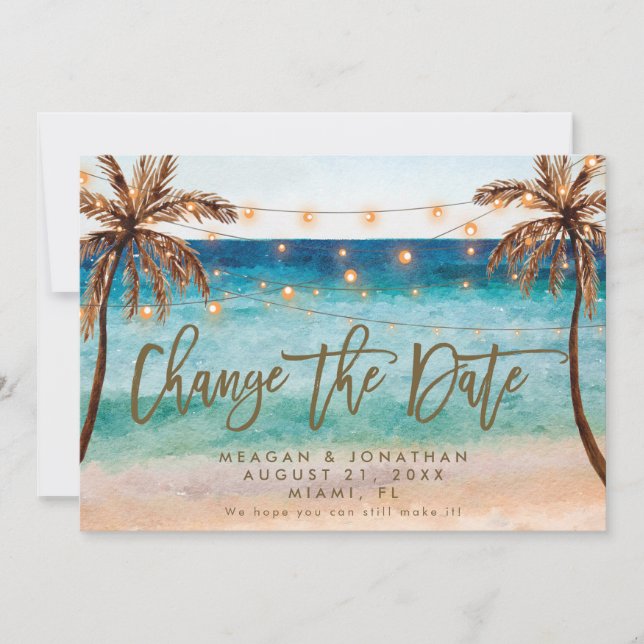 Tropische Palmen am Strand ändern die Dattelkarte Dankeskarte (Vorderseite)