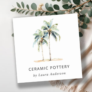 Tropische Palmen an der Küste Wasserfarbe Blau Grü Quadratische Visitenkarte