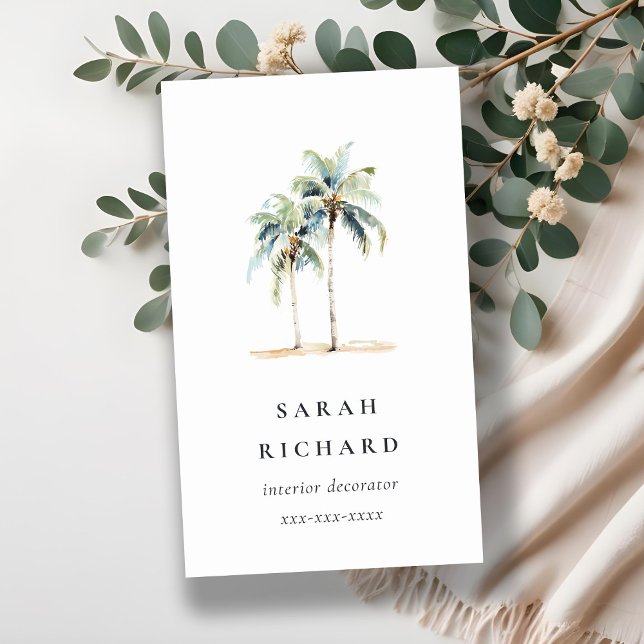 Tropische Palmen an der Küste Wasserfarbe Blau Grü Visitenkarte (Von Creator hochgeladen)